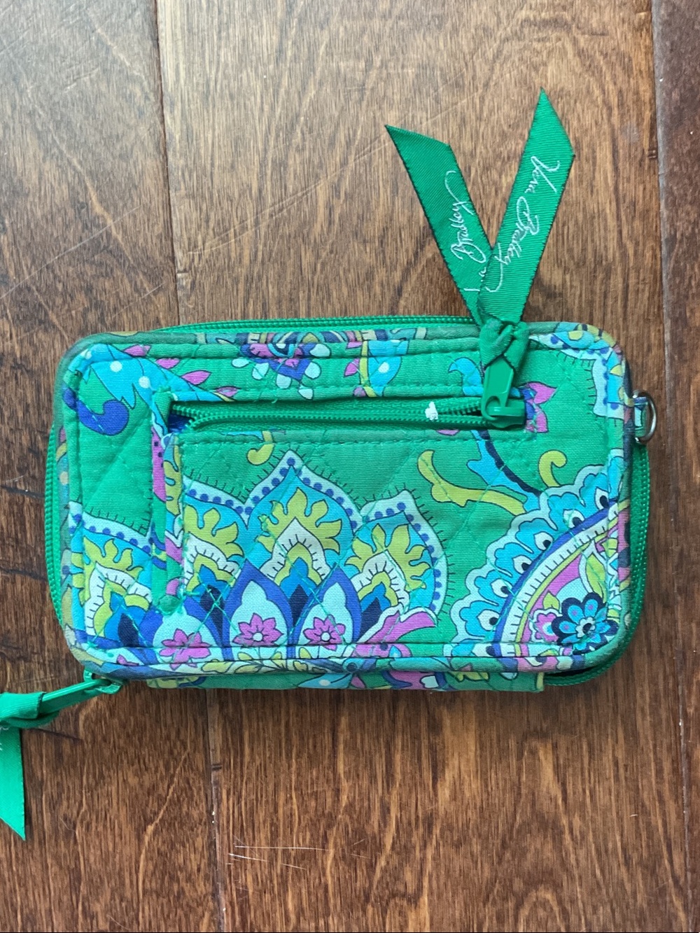 Vera Bradley Green Floral Quilted Zip Wallet with Ribbon Pulls